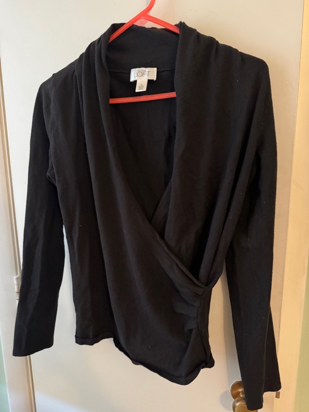 LOFT Black Draped Wrap-Front Long Sleeve Top